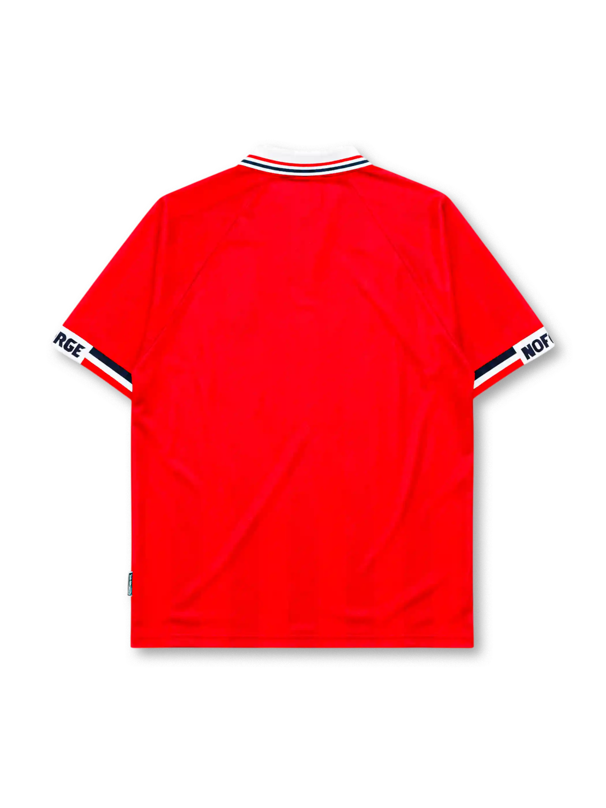 Norway 1998 World Cup home jersey, front view, red body with white and navy striped polo collar, Umbro wordmark, NFF crest, Norwegian flag emblem, NORGE lettering on sleeve cuffs