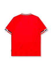 Norway 1998 World Cup home jersey, front view, red body with white and navy striped polo collar, Umbro wordmark, NFF crest, Norwegian flag emblem, NORGE lettering on sleeve cuffs