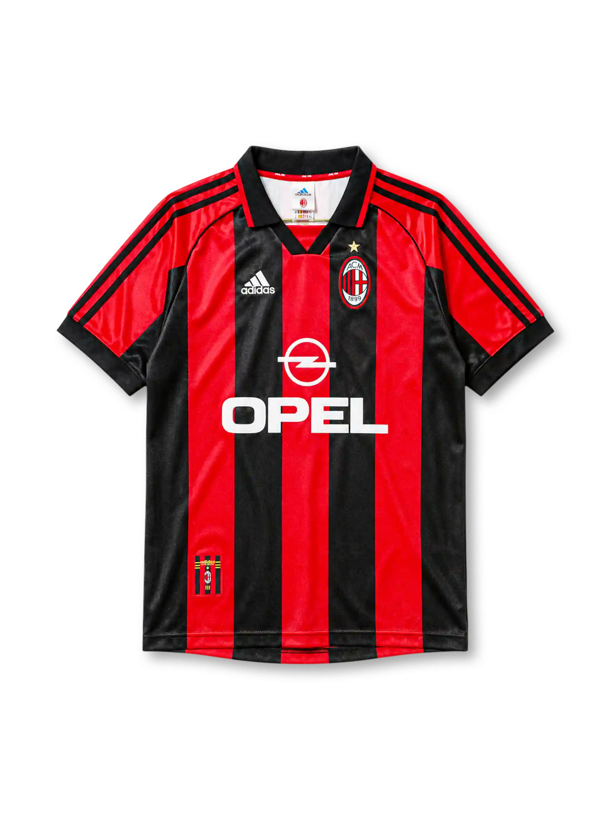 AC Milan 1998/99 home jersey with red and black stripes, adidas logo, and Opel sponsor branding