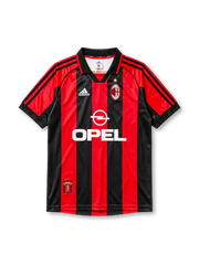 AC Milan 1998/99 home jersey with red and black stripes, adidas logo, and Opel sponsor branding
