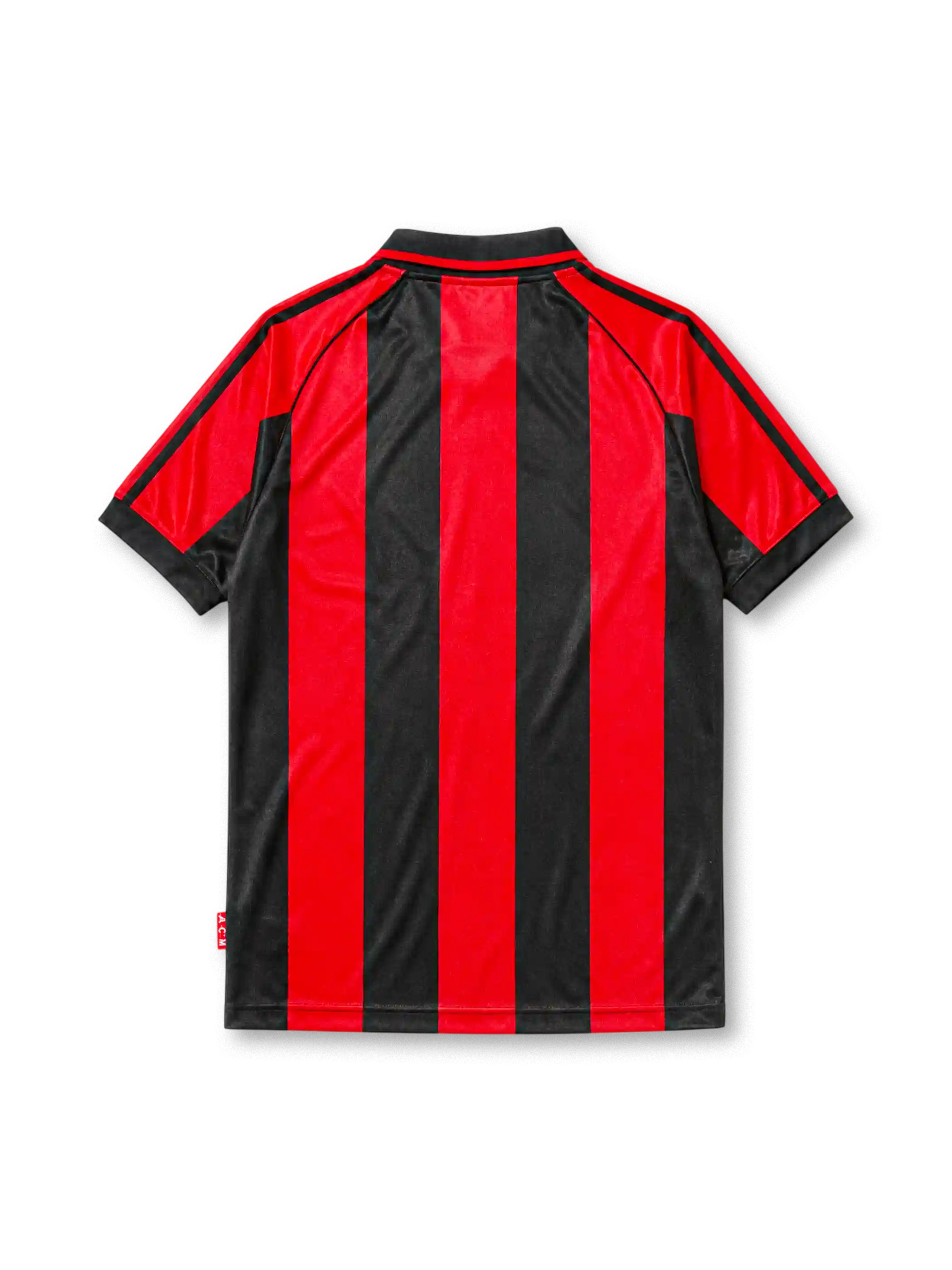 AC Milan 1998/99 home jersey with red and black stripes, adidas logo, and Opel sponsor branding