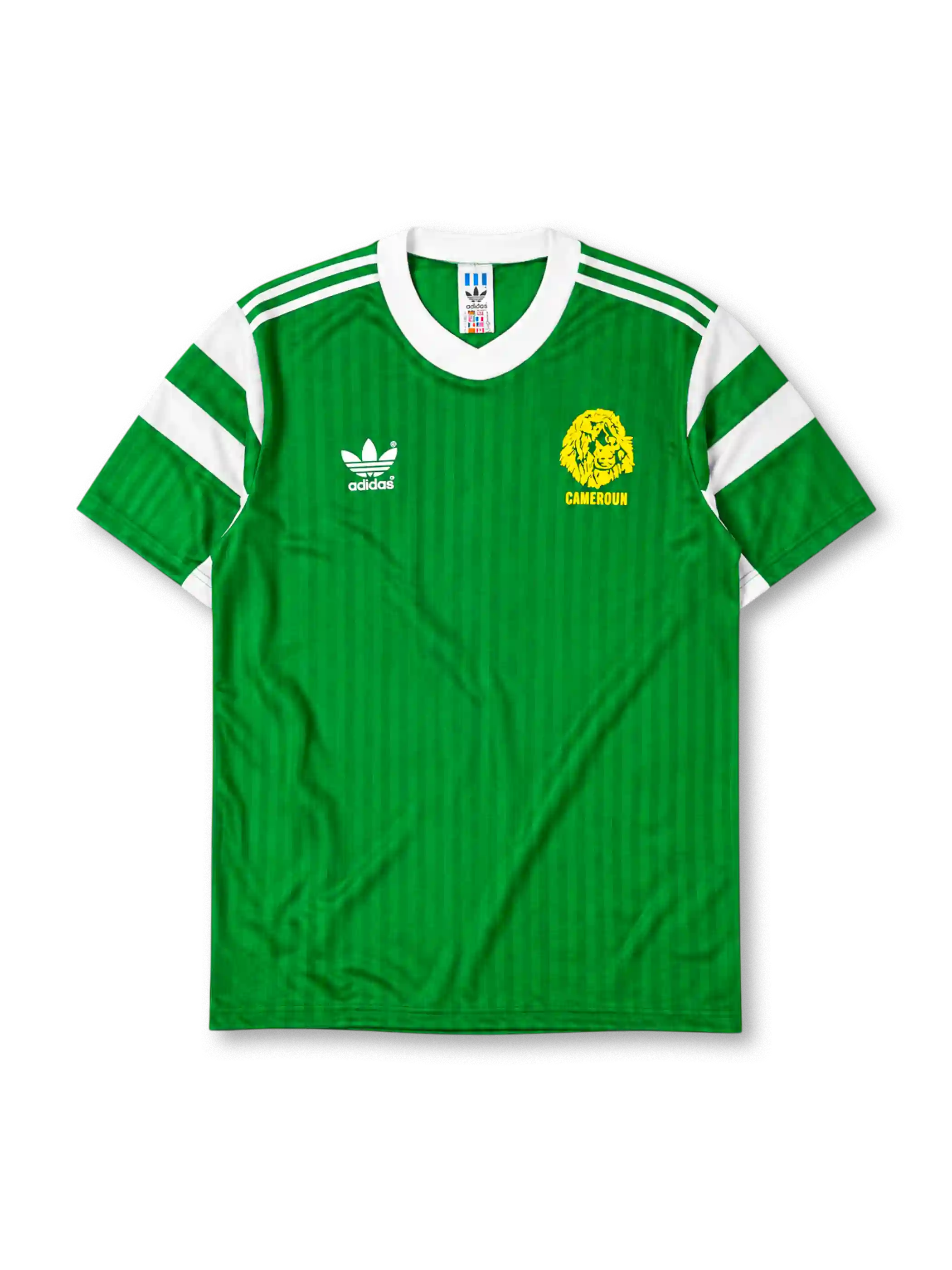 Cameroon 1990 World Cup home jersey in green with white shoulder stripes and Indomitable Lions crest