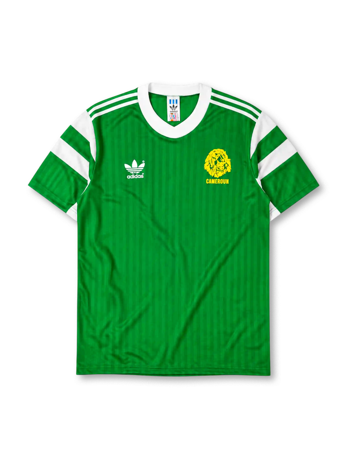 Cameroon 1990 World Cup home jersey in green with white shoulder stripes and Indomitable Lions crest