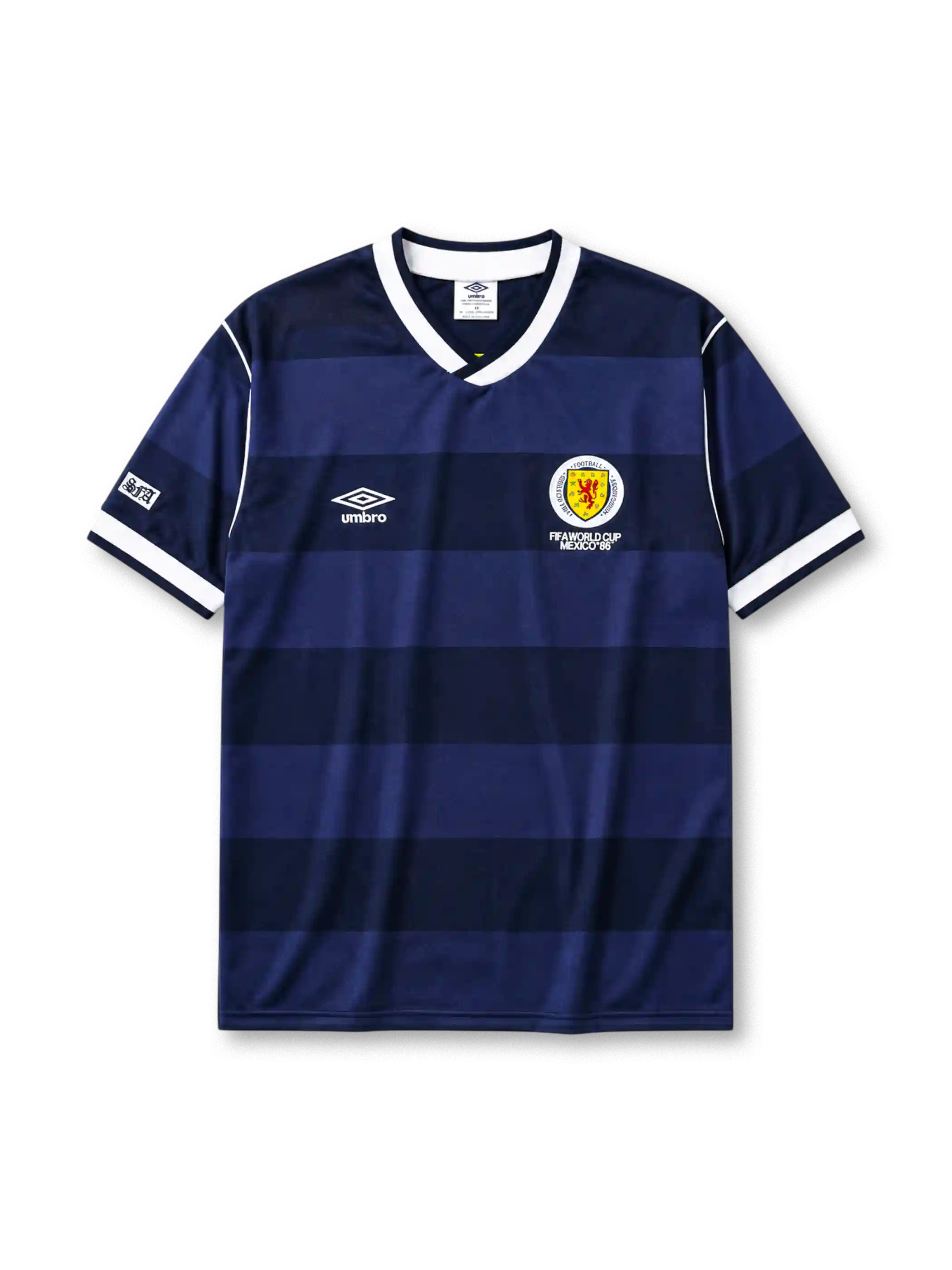 Scotland 1986 World Cup home jersey in navy hoops with SFA crest and Mexico '86 detailing