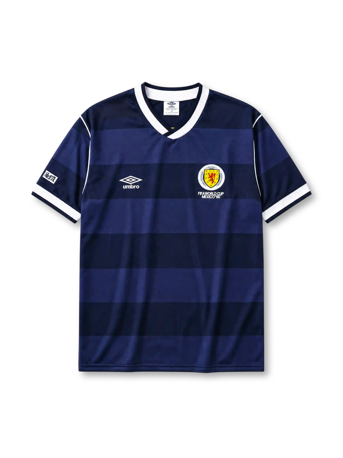 Scotland 1986 World Cup home jersey in navy hoops with SFA crest and Mexico '86 detailing