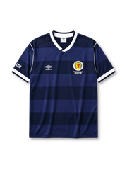 Scotland 1986 World Cup home jersey in navy hoops with SFA crest and Mexico '86 detailing