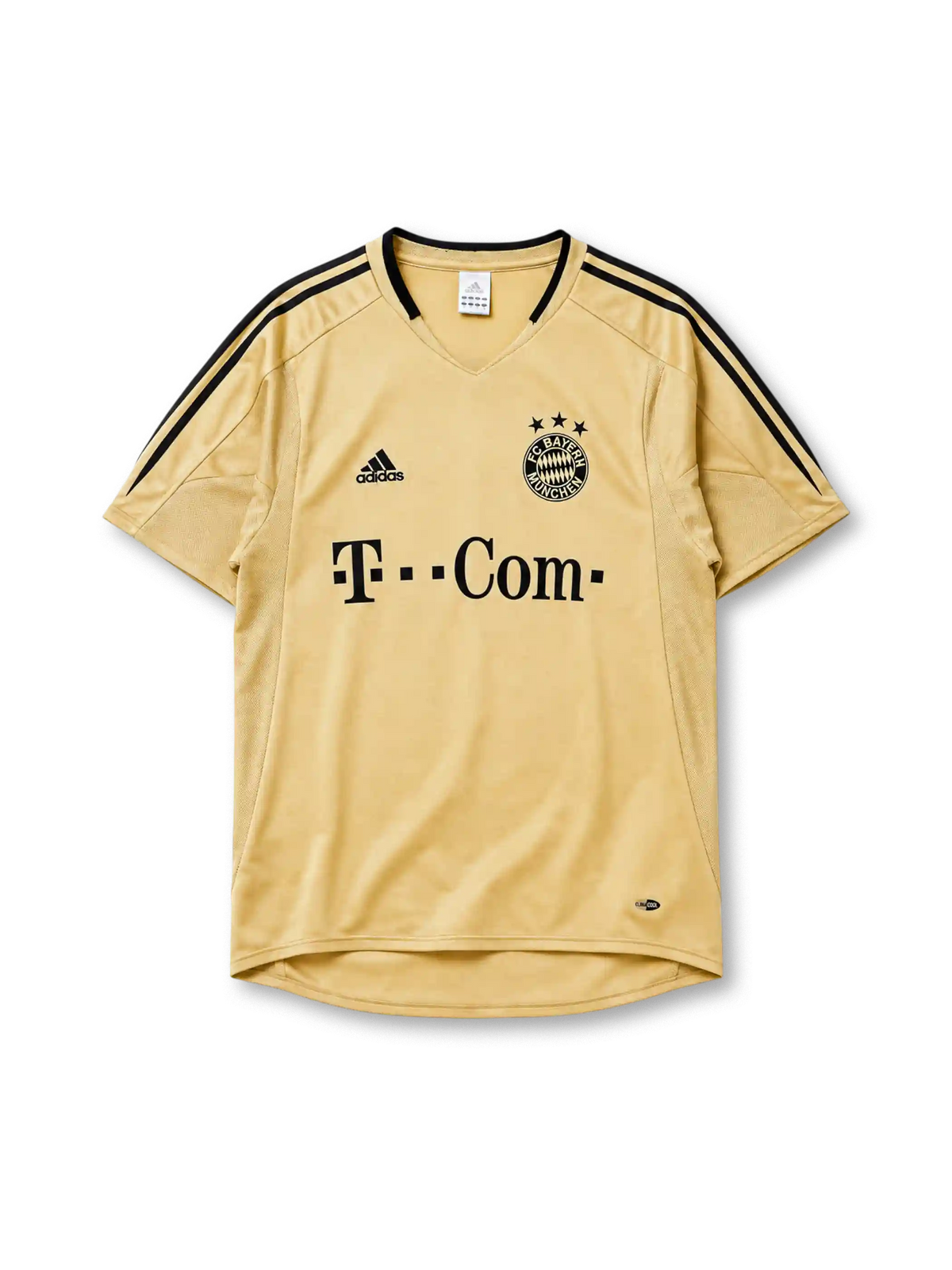 Bayern Munich 2004/05 away jersey in gold with black adidas stripes and T-Com sponsor branding