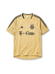 Bayern Munich 2004/05 away jersey in gold with black adidas stripes and T-Com sponsor branding