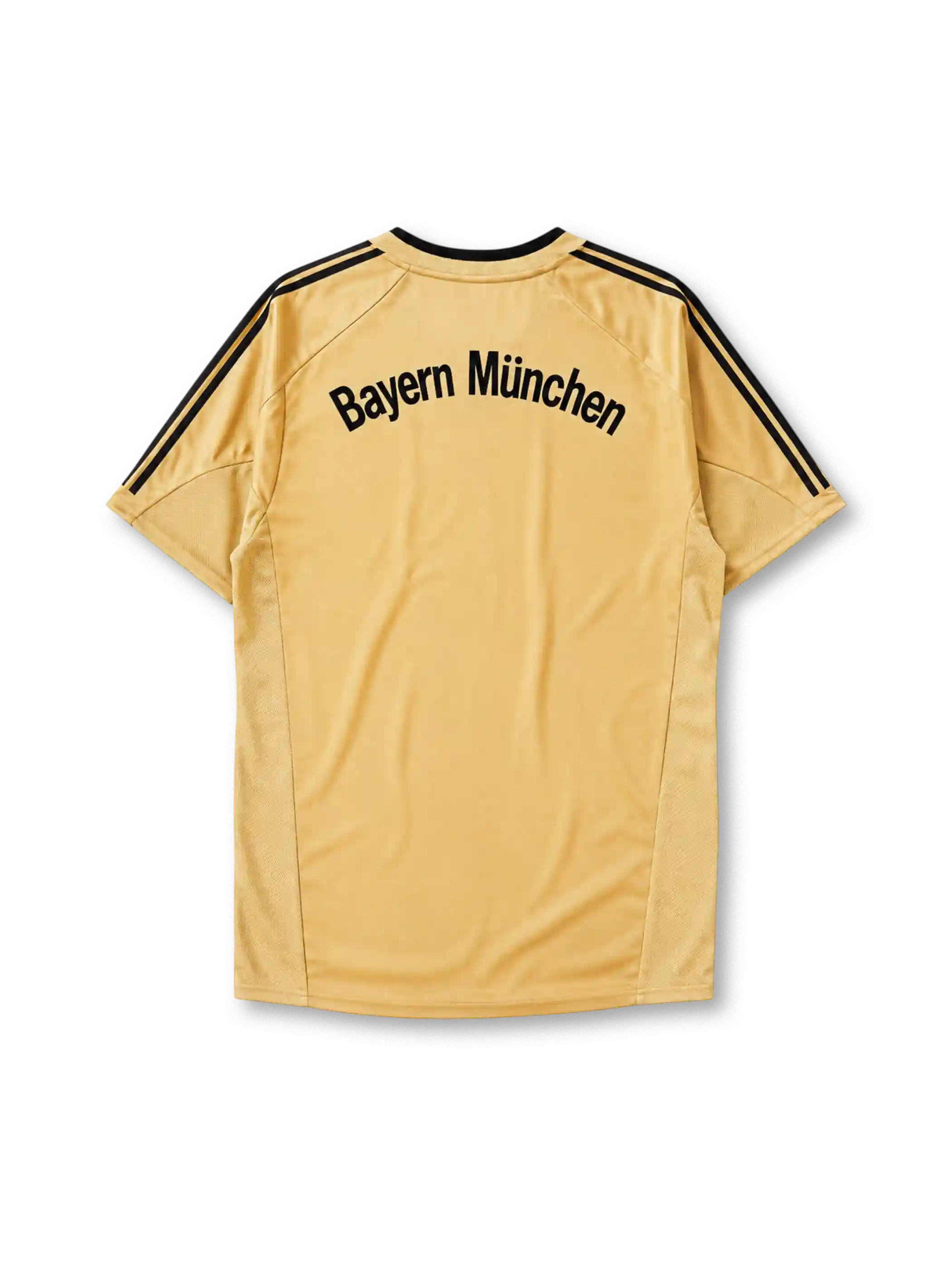 Bayern Munich 2004/05 away jersey in gold with black adidas stripes and T-Com sponsor branding