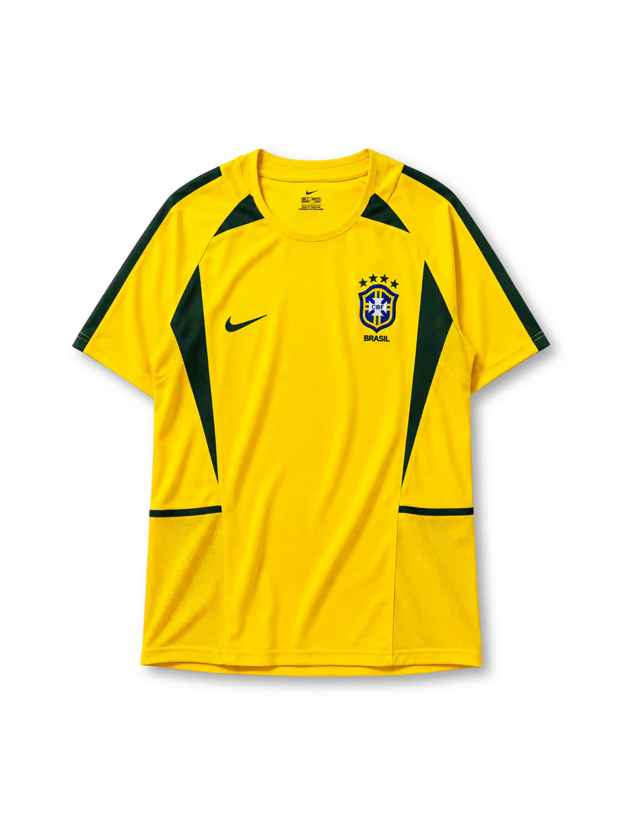Brazil 2002 training jersey in yellow with diagonal green panel detailing and CBF crest
