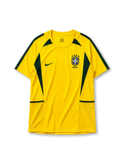Brazil 2002 training jersey in yellow with diagonal green panel detailing and CBF crest