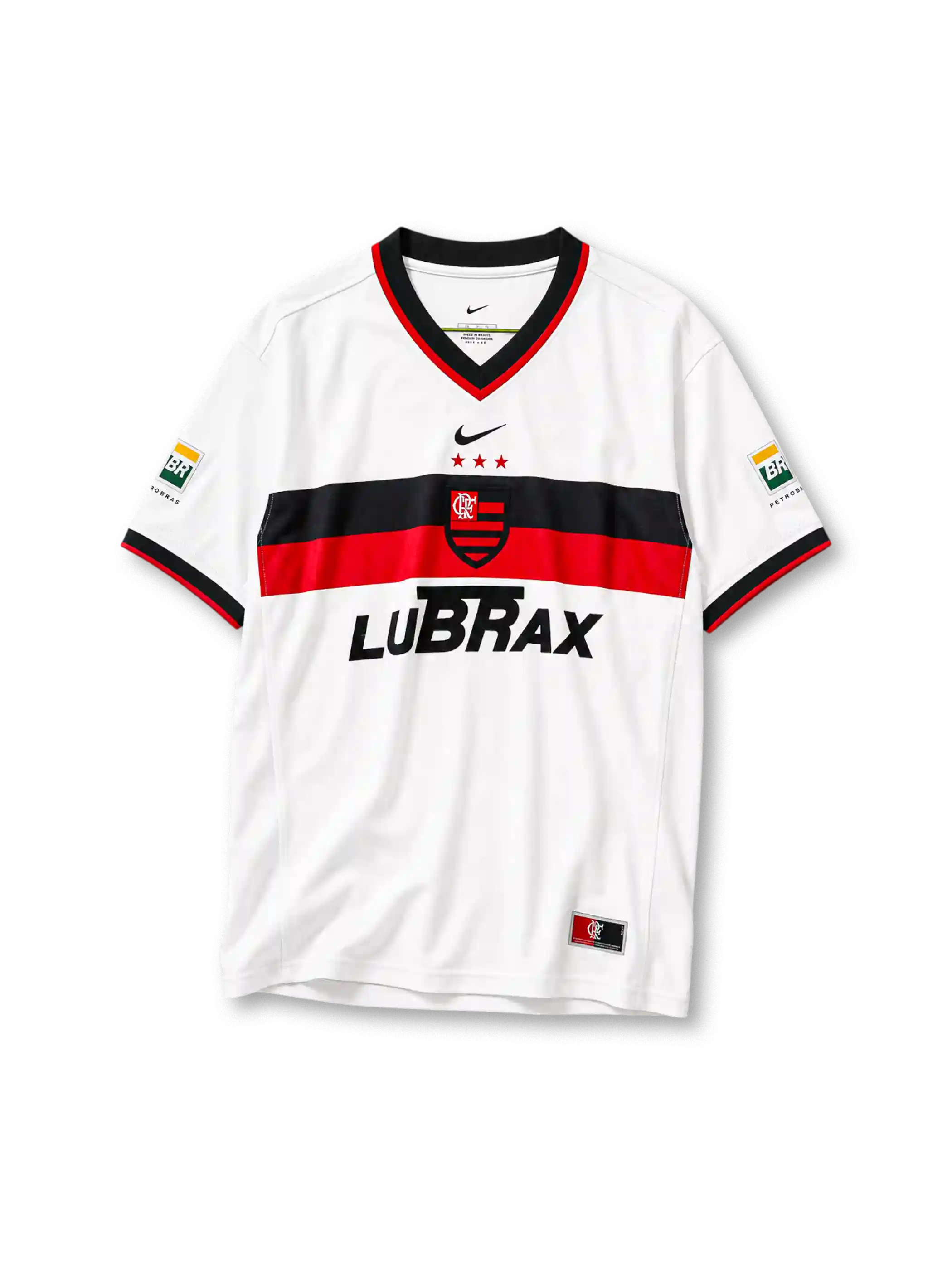 Flamengo 2001 away jersey in white with black and red chest band and Lubrax sponsor branding