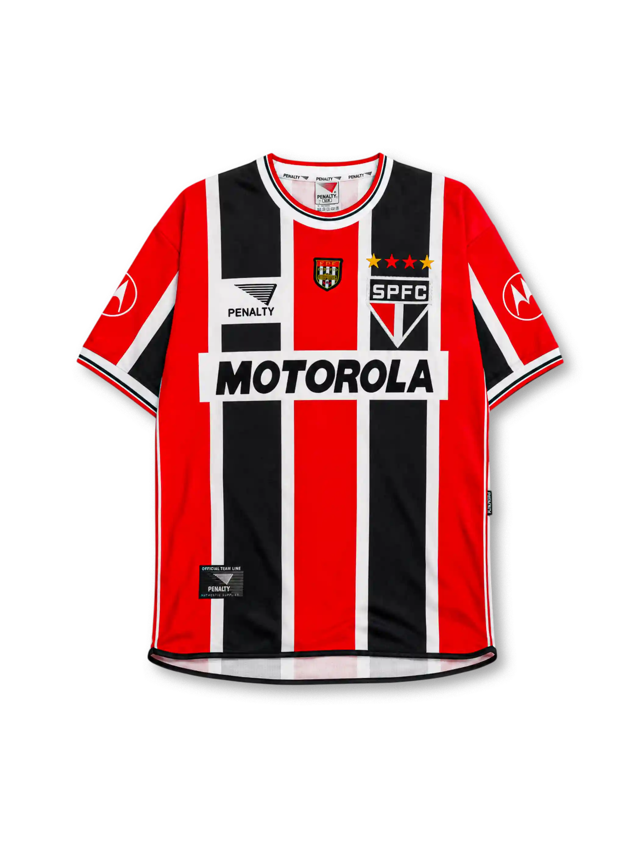 Sao Paulo FC 2000 away jersey with red and black vertical stripes and Motorola sponsor branding