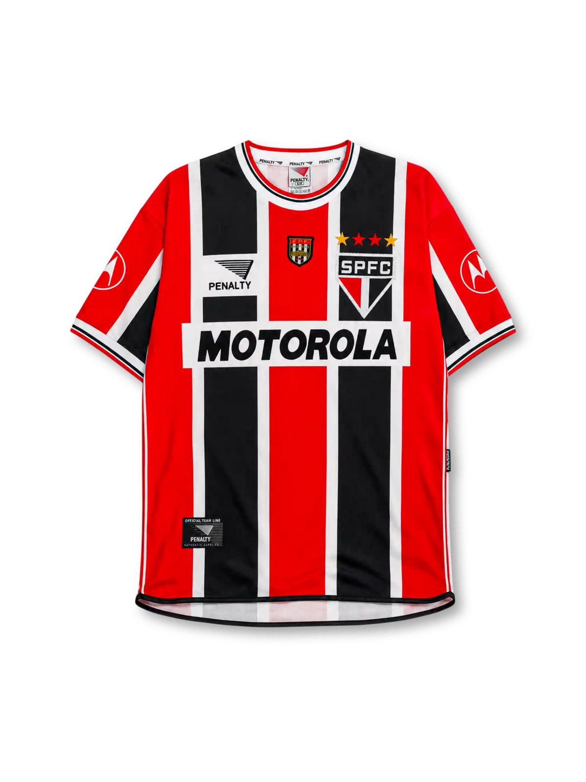 Sao Paulo FC 2000 away jersey with red and black vertical stripes and Motorola sponsor branding