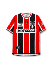 Sao Paulo FC 2000 away jersey with red and black vertical stripes and Motorola sponsor branding