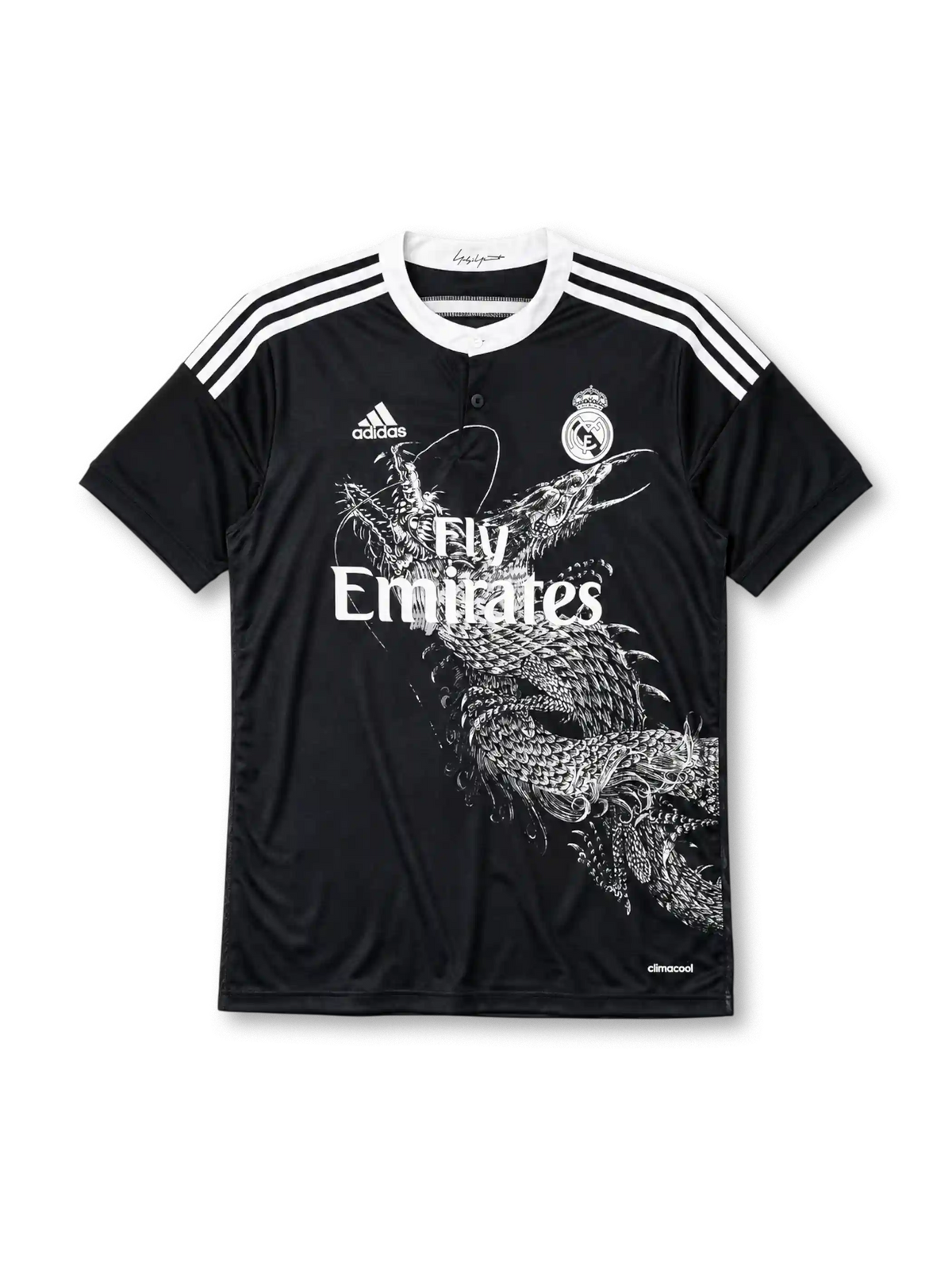 Real Madrid 2014/15 Yohji Yamamoto third jersey in black with white dragon graphic and Fly Emirates branding