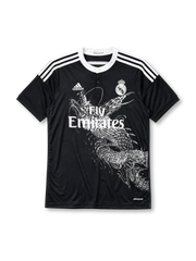 Real Madrid 2014/15 Yohji Yamamoto third jersey in black with white dragon graphic and Fly Emirates branding