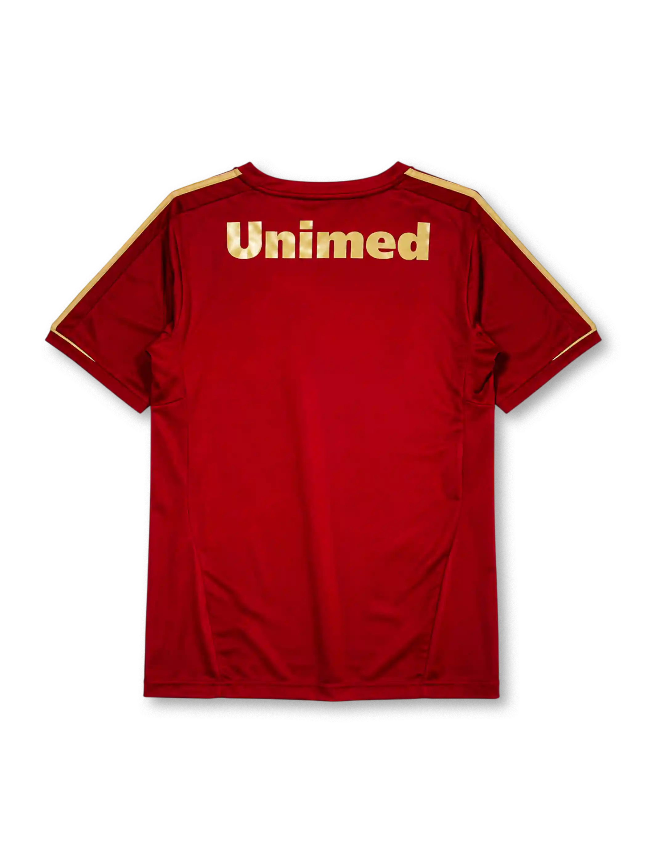 Fluminense 2012 third jersey in deep red with gold adidas stripes and Unimed sponsor branding
