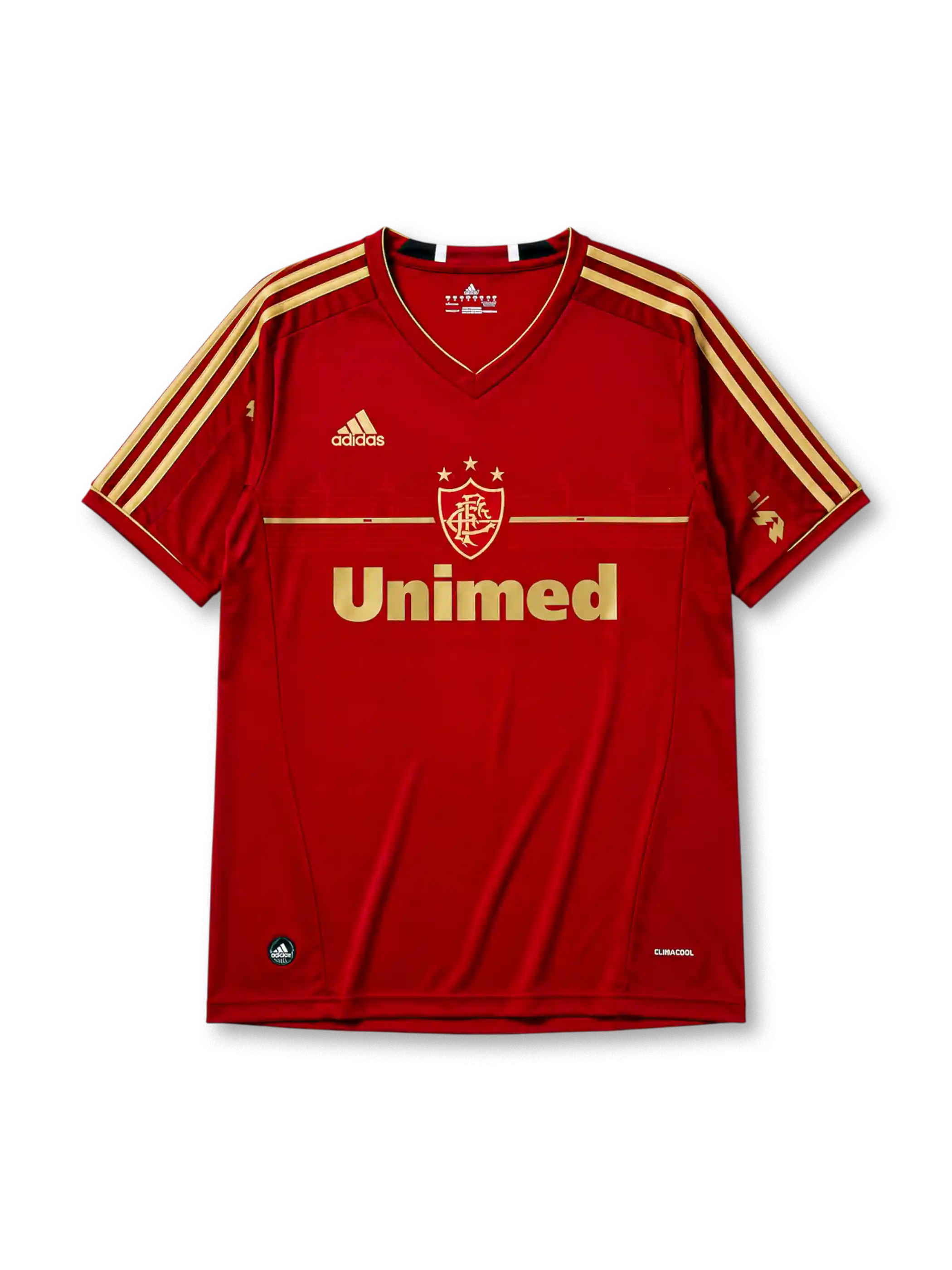 Fluminense 2012 third jersey in deep red with gold adidas stripes and Unimed sponsor branding
