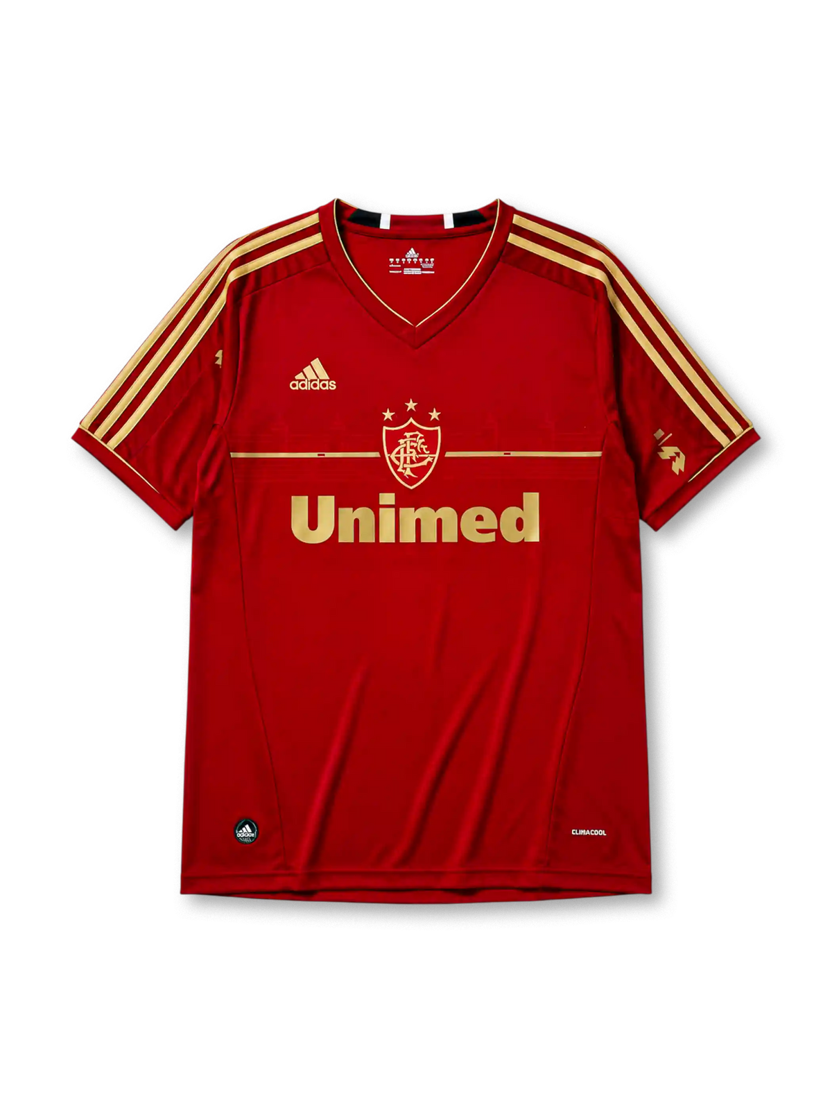 Fluminense 2012 third jersey in deep red with gold adidas stripes and Unimed sponsor branding