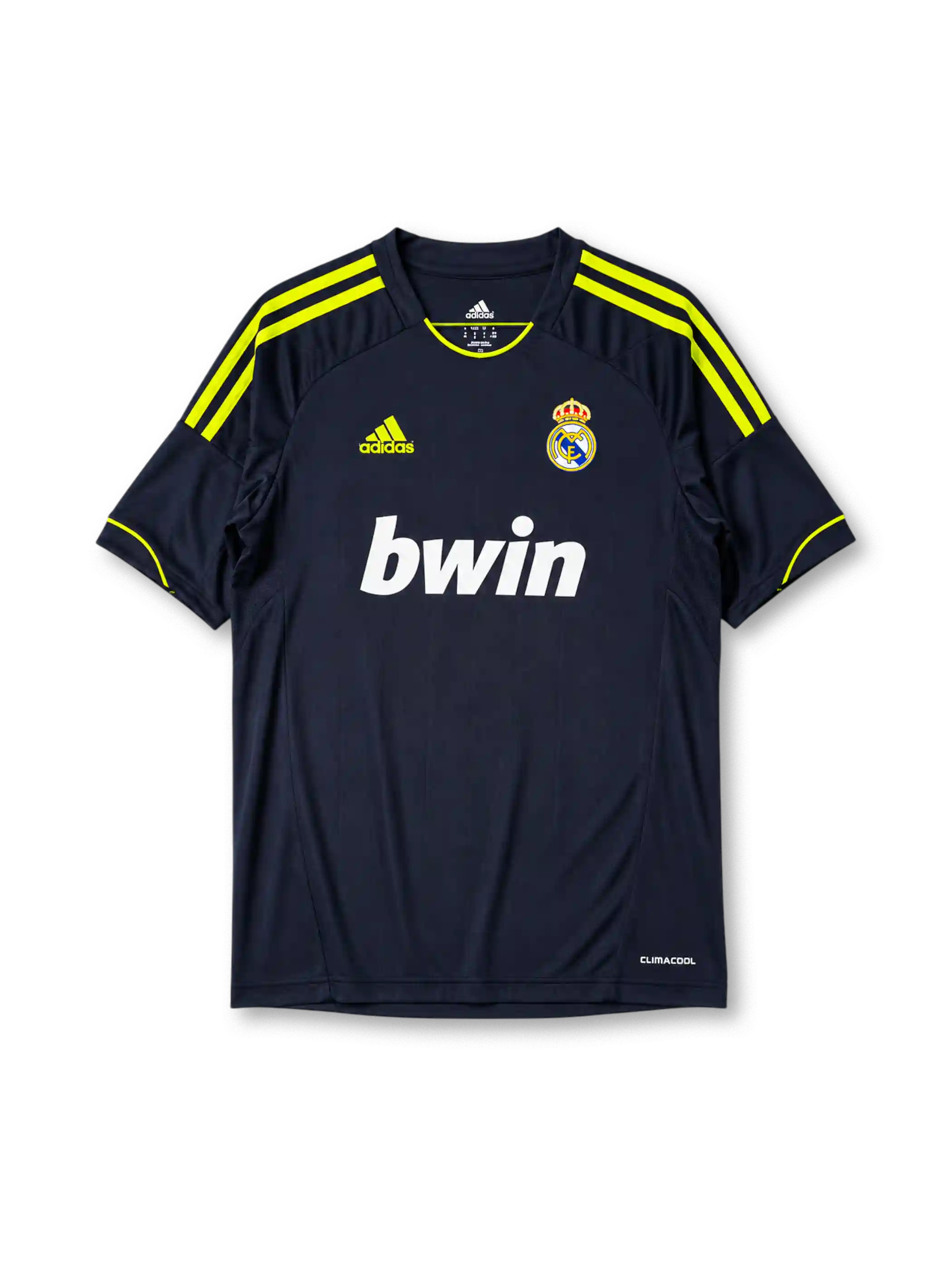 Real Madrid 2012/13 away jersey in navy with neon yellow adidas stripes and bwin sponsor branding