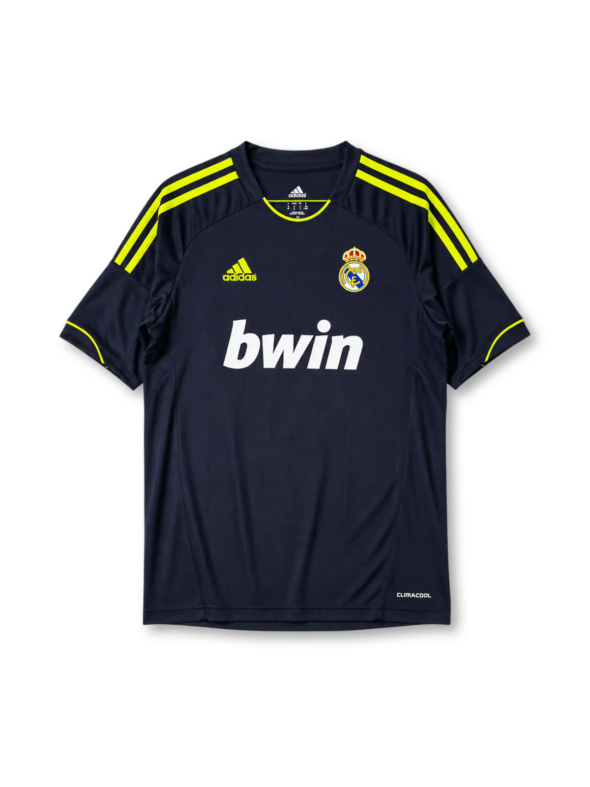 Real Madrid 2012/13 away jersey in navy with neon yellow adidas stripes and bwin sponsor branding