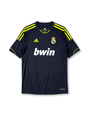 Real Madrid 2012/13 away jersey in navy with neon yellow adidas stripes and bwin sponsor branding