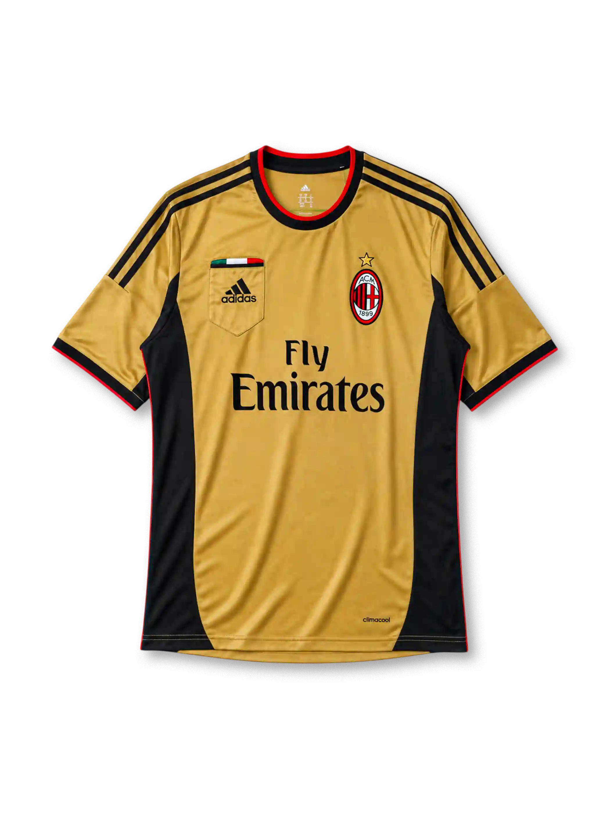 AC Milan 2013/14 third jersey in gold and black with chest pocket and Fly Emirates sponsor branding