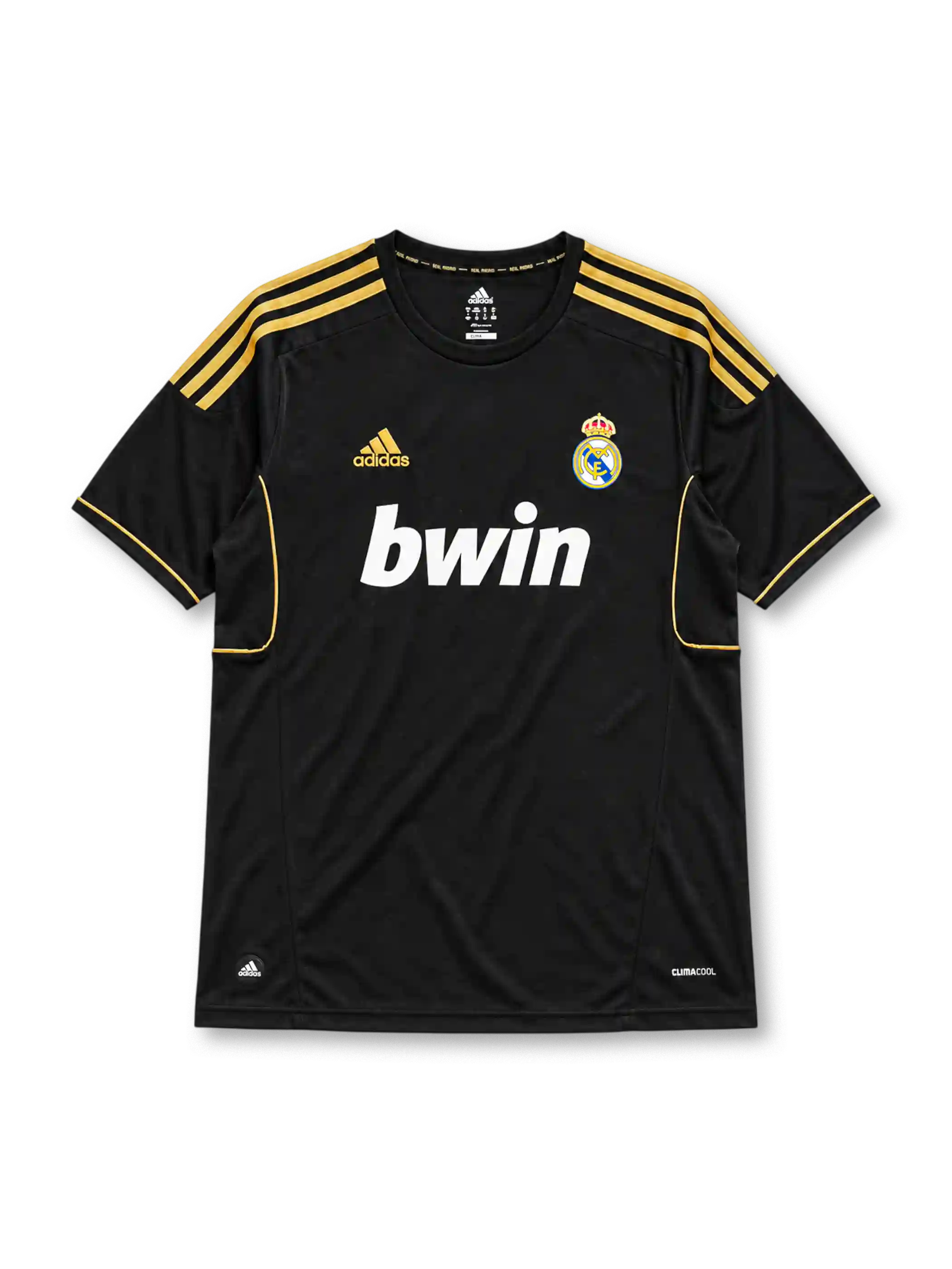 Real Madrid 2011/12 away jersey in black with gold adidas stripes and bwin sponsor branding