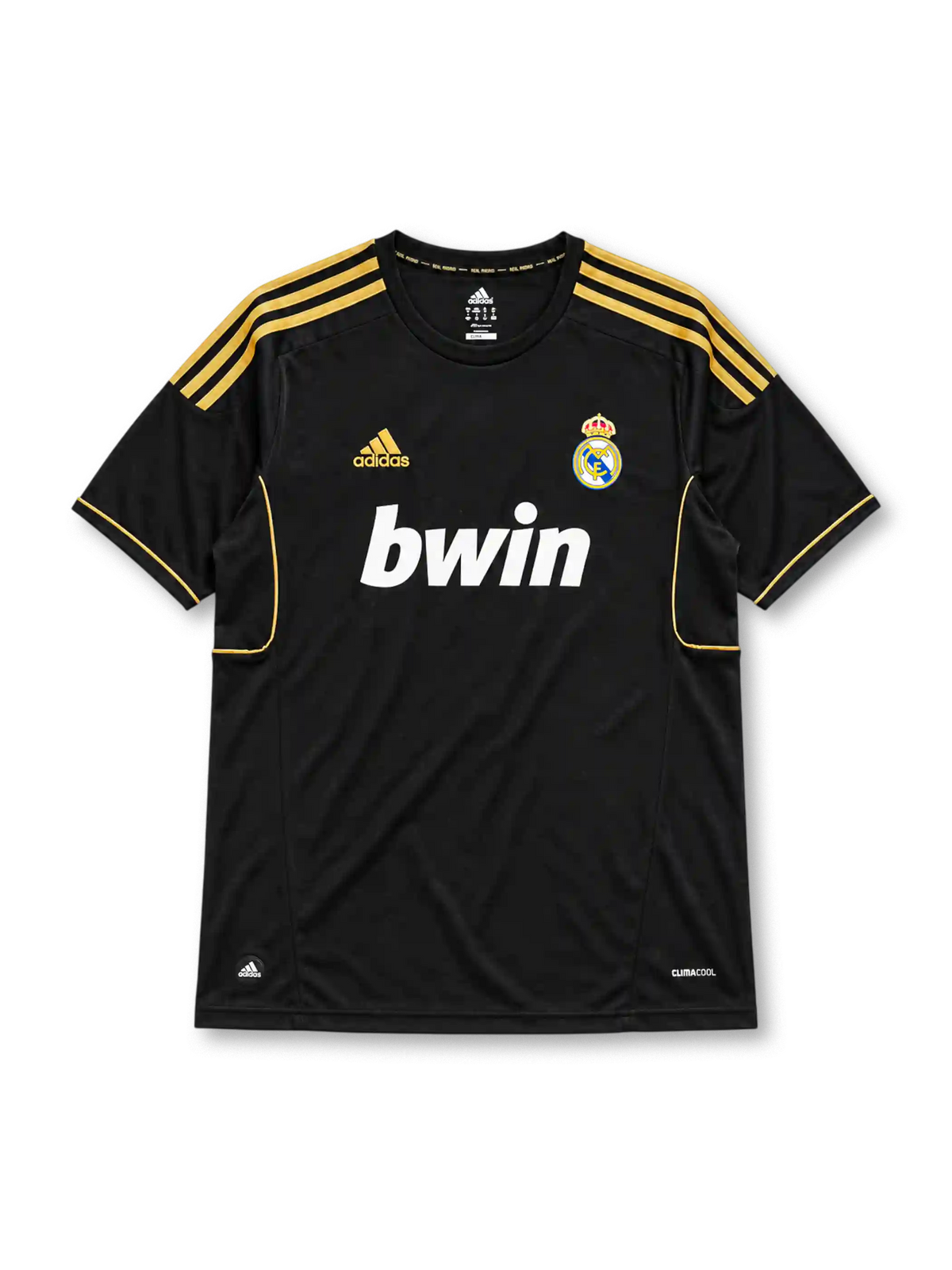 Real Madrid 2011/12 away jersey in black with gold adidas stripes and bwin sponsor branding