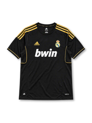 Real Madrid 2011/12 away jersey in black with gold adidas stripes and bwin sponsor branding