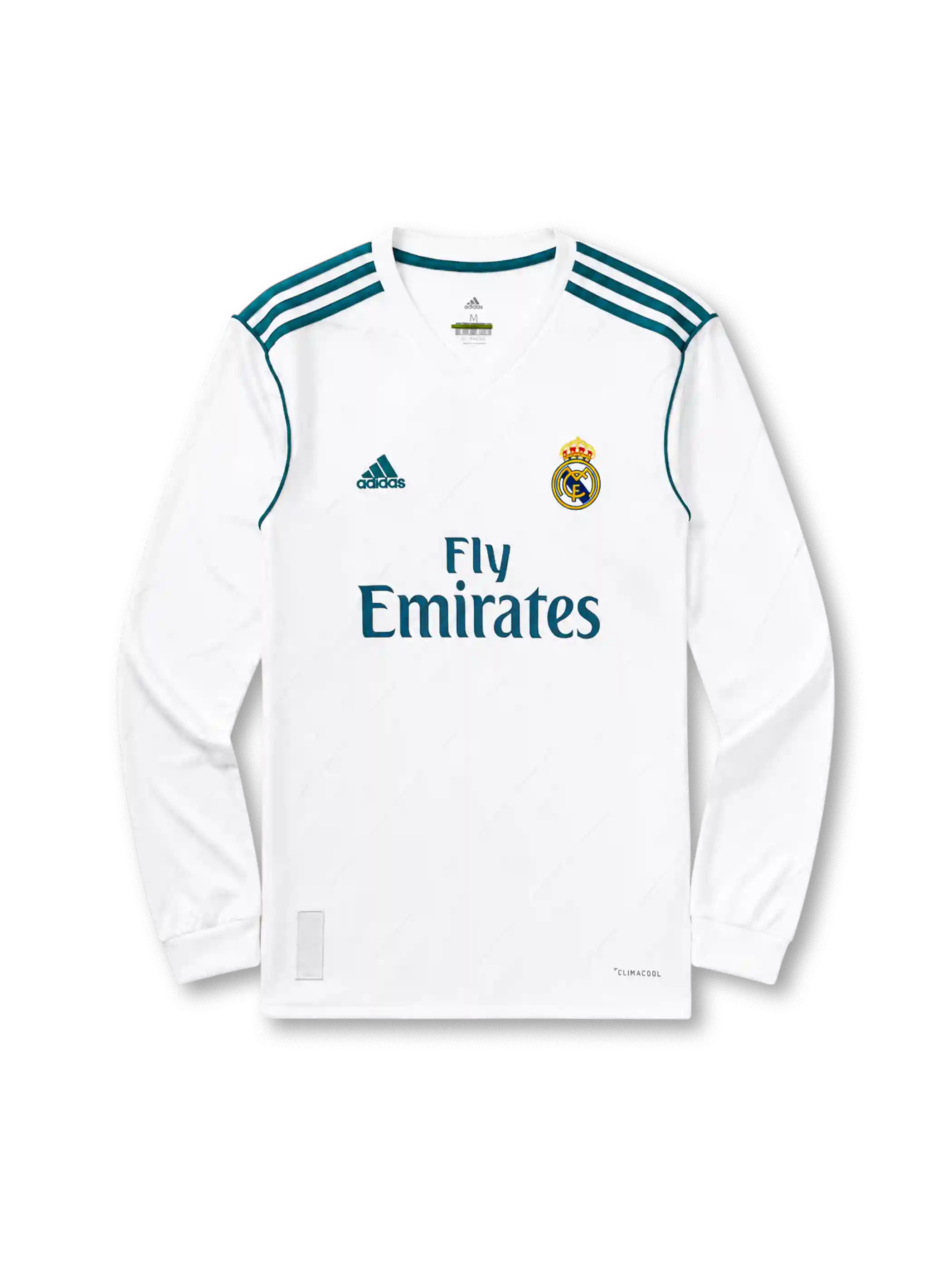 Real Madrid 2017/18 long sleeve home jersey in white with teal adidas trim and Fly Emirates branding
