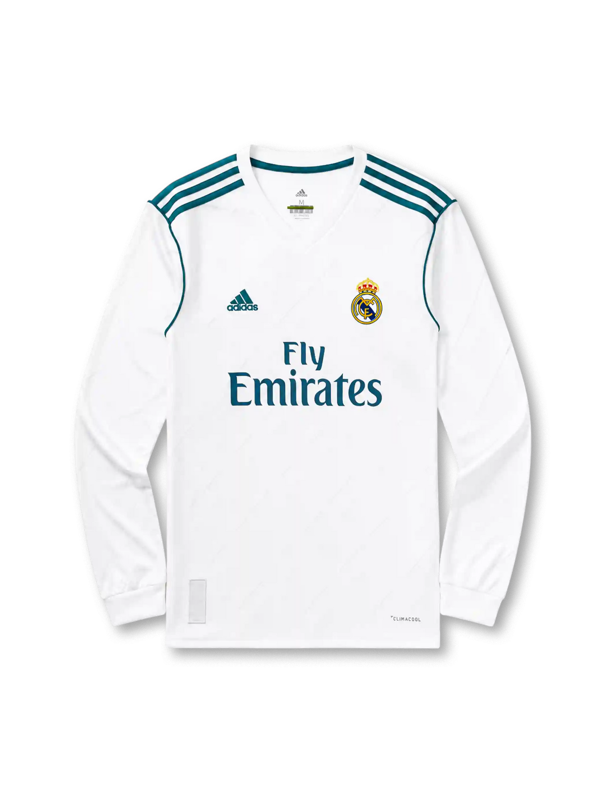 Real Madrid 2017/18 long sleeve home jersey in white with teal adidas trim and Fly Emirates branding