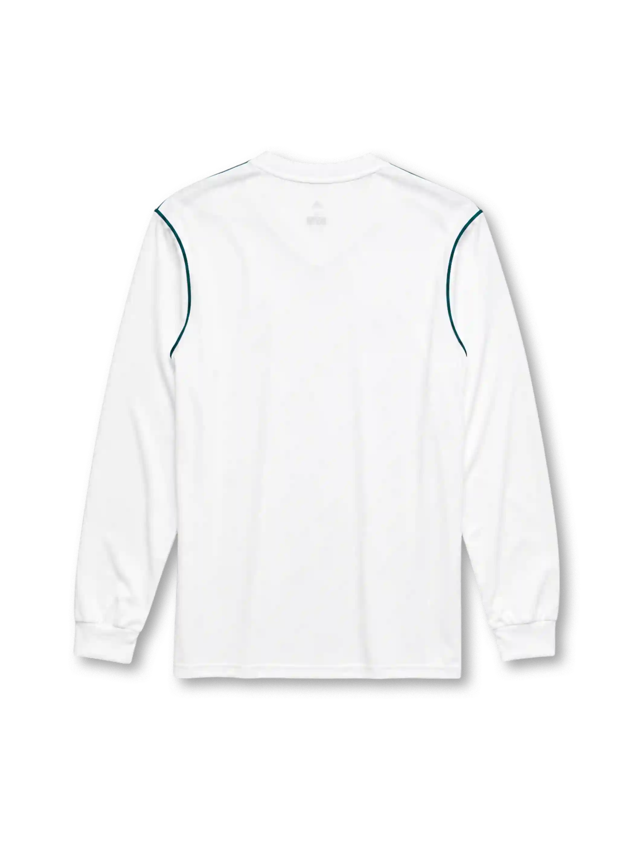 Real Madrid 2017/18 long sleeve home jersey in white with teal adidas trim and Fly Emirates branding