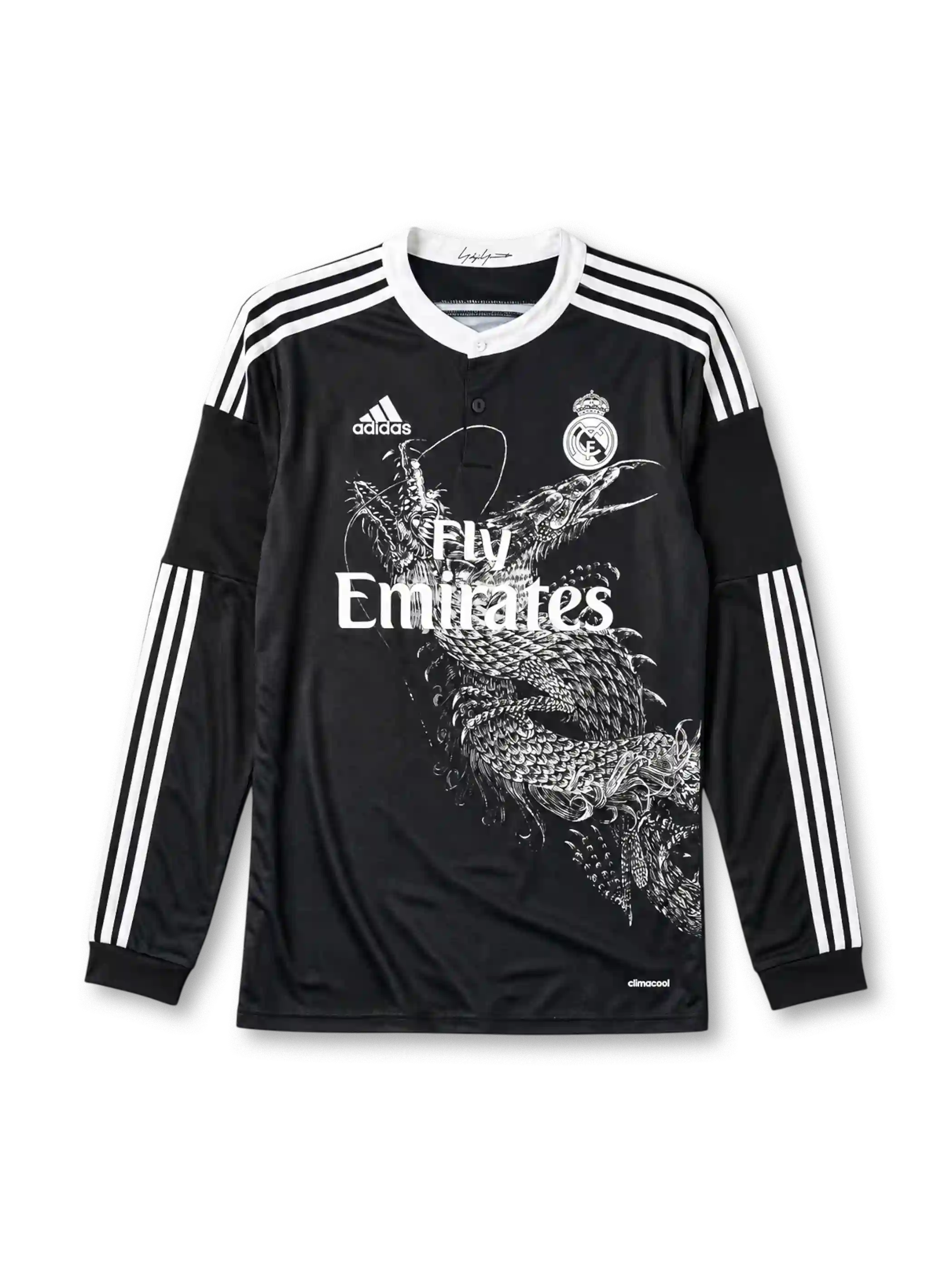 Real Madrid 2014/15 Yohji Yamamoto long sleeve third jersey in black with white dragon graphic and Fly Emirates branding