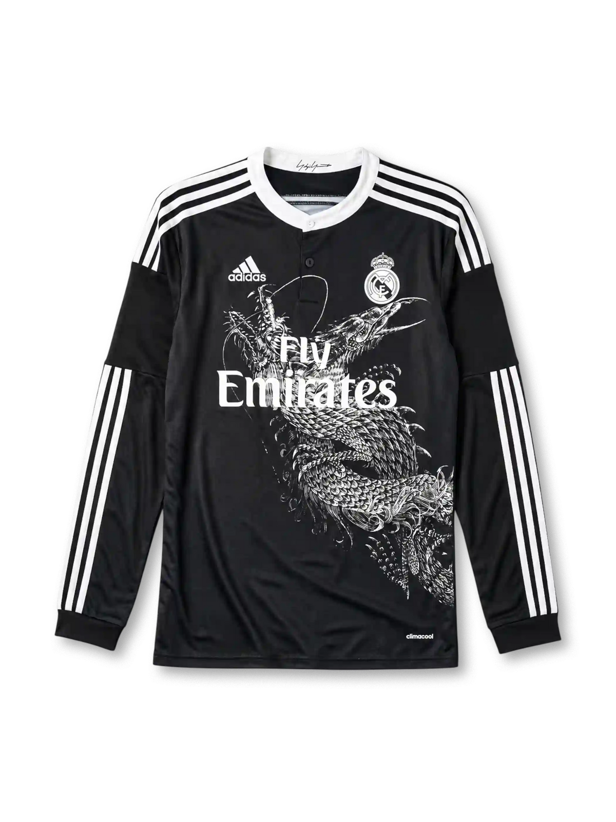 Real Madrid 2014/15 Yohji Yamamoto long sleeve third jersey in black with white dragon graphic and Fly Emirates branding