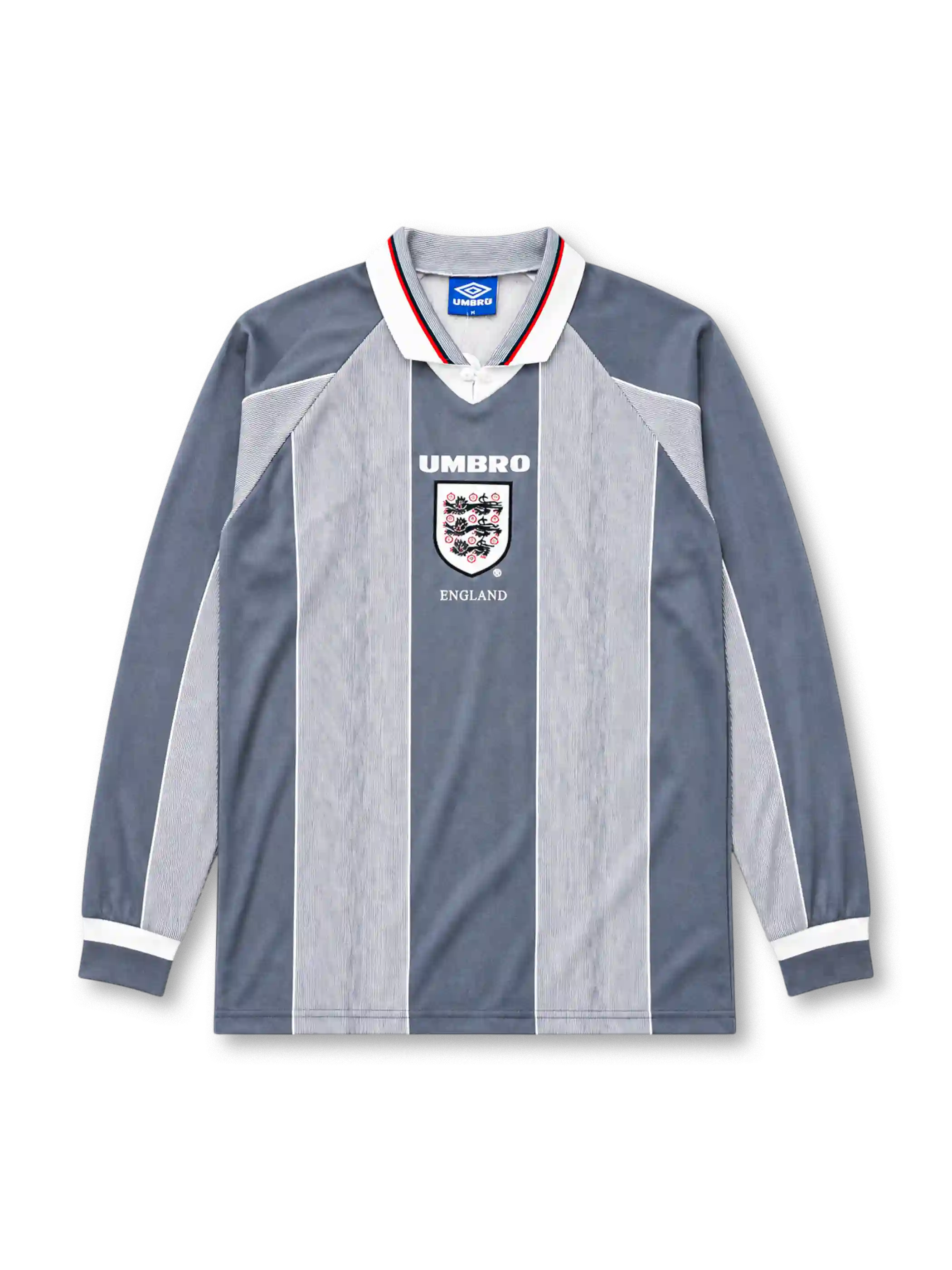 England 1996 away long sleeve jersey with grey vertical panels and Three Lions crest
