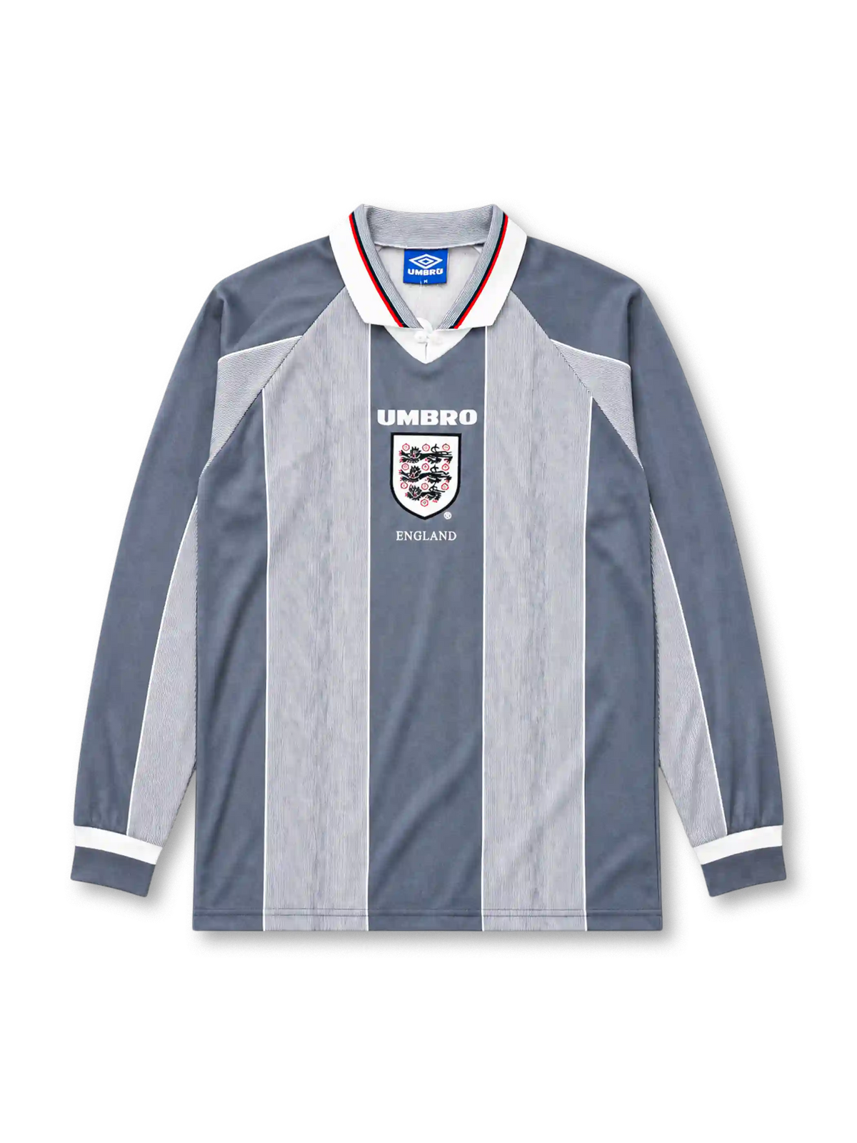 England 1996 away long sleeve jersey with grey vertical panels and Three Lions crest
