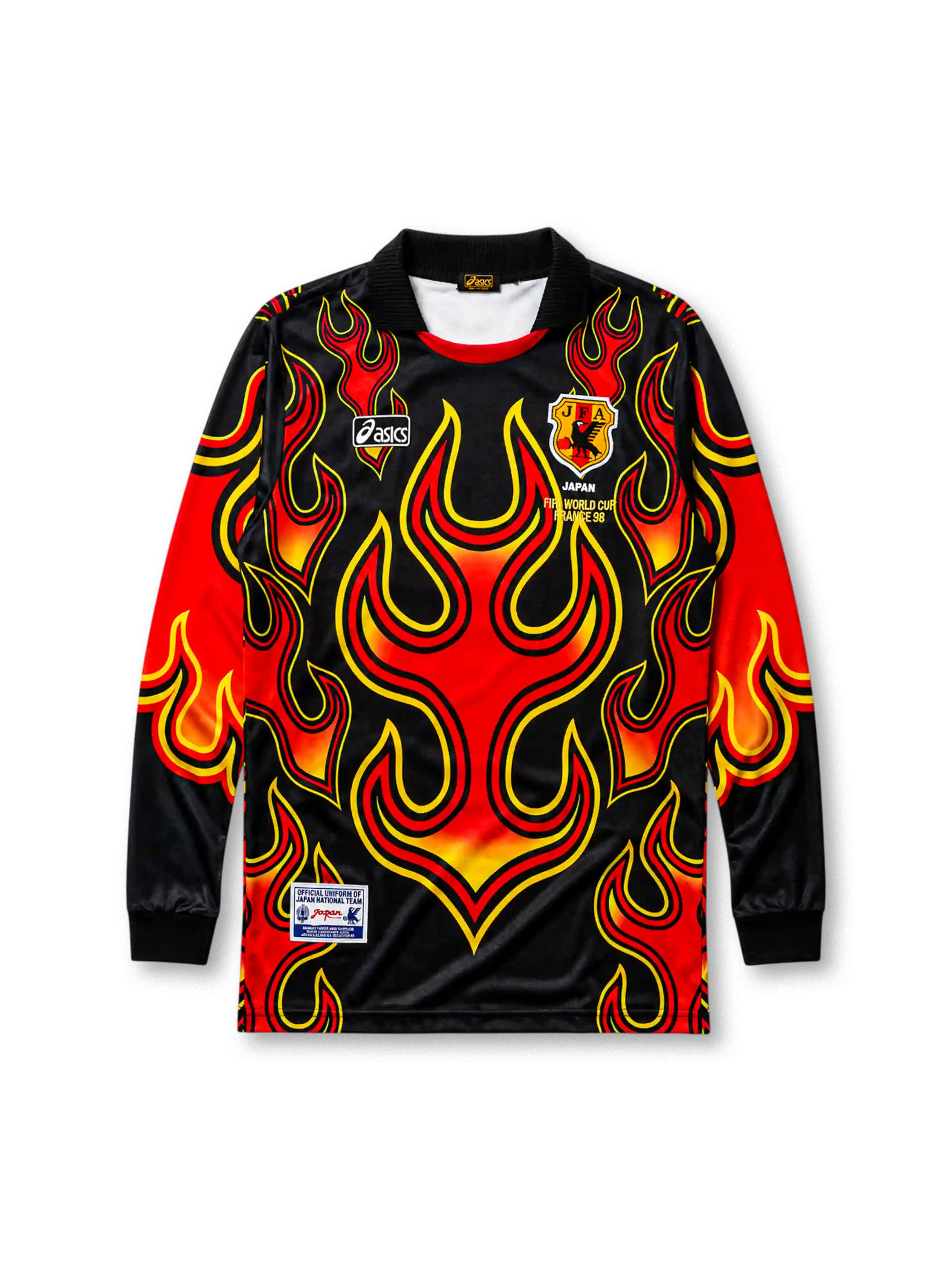 Japan 1998 World Cup goalkeeper jersey with bold red and yellow flame print on black