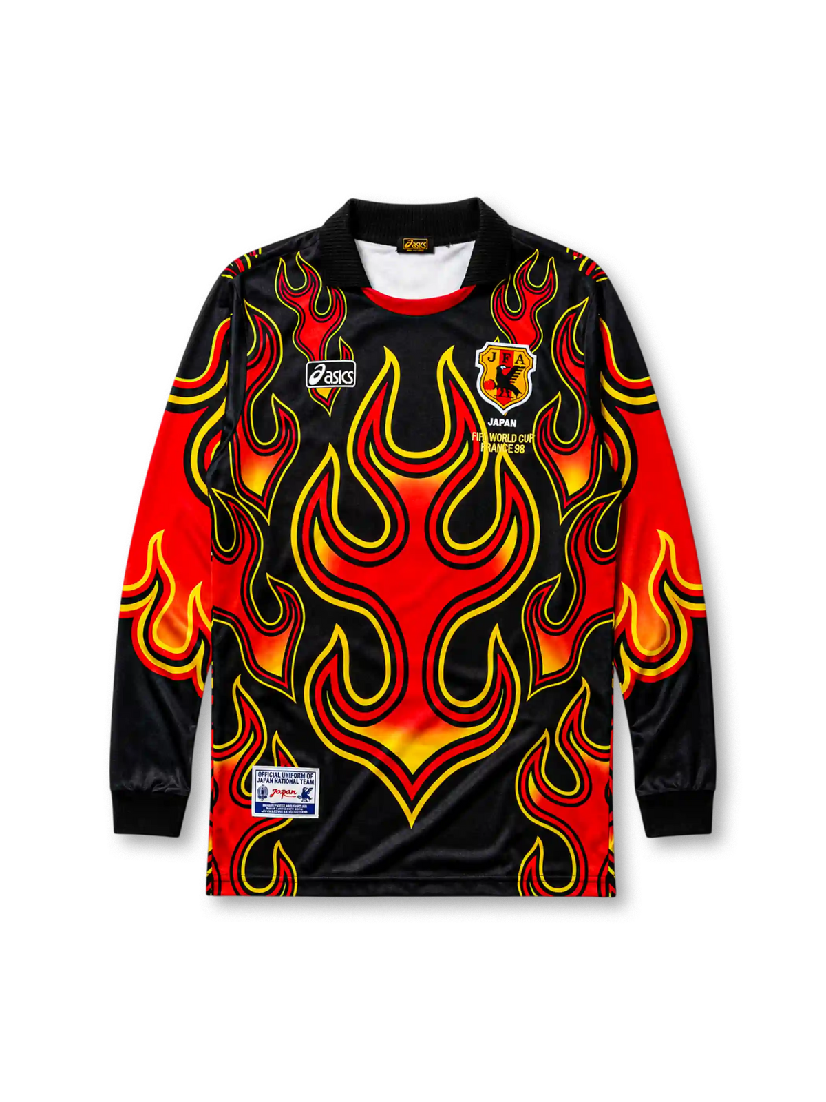 Japan 1998 World Cup goalkeeper jersey with bold red and yellow flame print on black