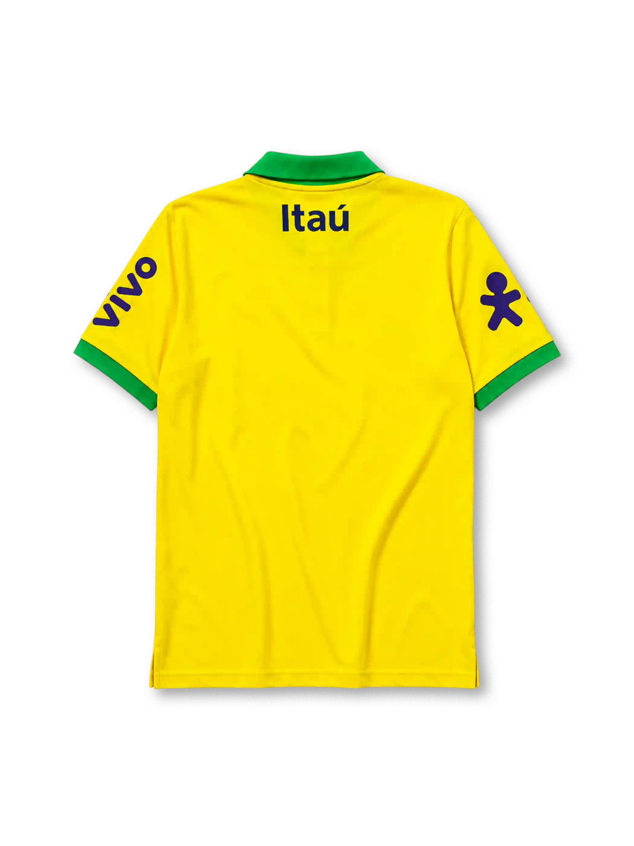 Brazil 2022 polo shirt in yellow with green trim, Vivo and Itaú sponsor branding, and CBF crest