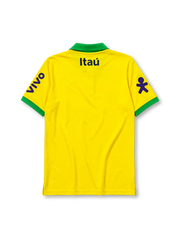 Brazil 2022 polo shirt in yellow with green trim, Vivo and Itaú sponsor branding, and CBF crest