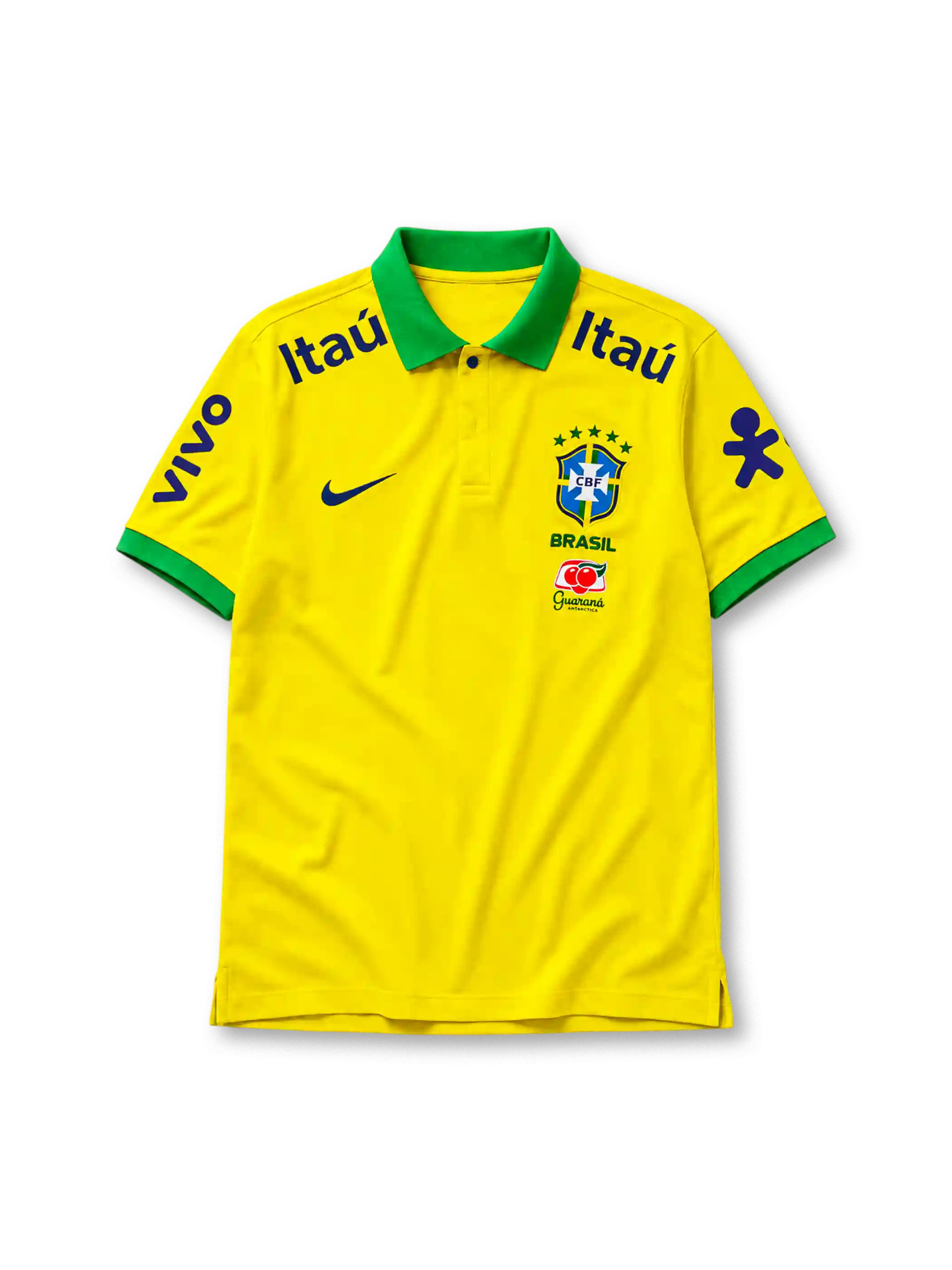 Brazil 2022 polo shirt in yellow with green trim, Vivo and Itaú sponsor branding, and CBF crest