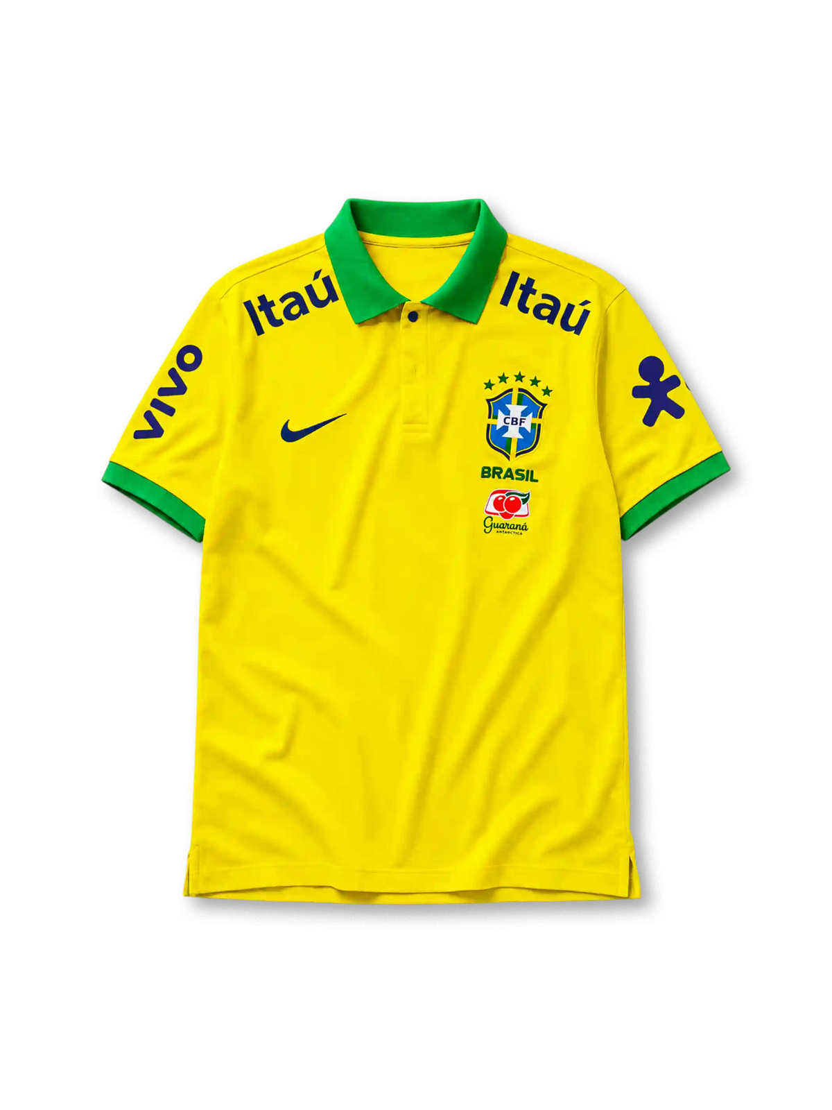 Brazil 2022 polo shirt in yellow with green trim, Vivo and Itaú sponsor branding, and CBF crest