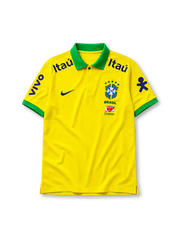 Brazil 2022 polo shirt in yellow with green trim, Vivo and Itaú sponsor branding, and CBF crest