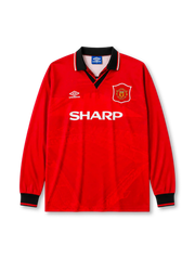 Manchester United 1994/96 home long sleeve jersey in red with Sharp sponsor branding