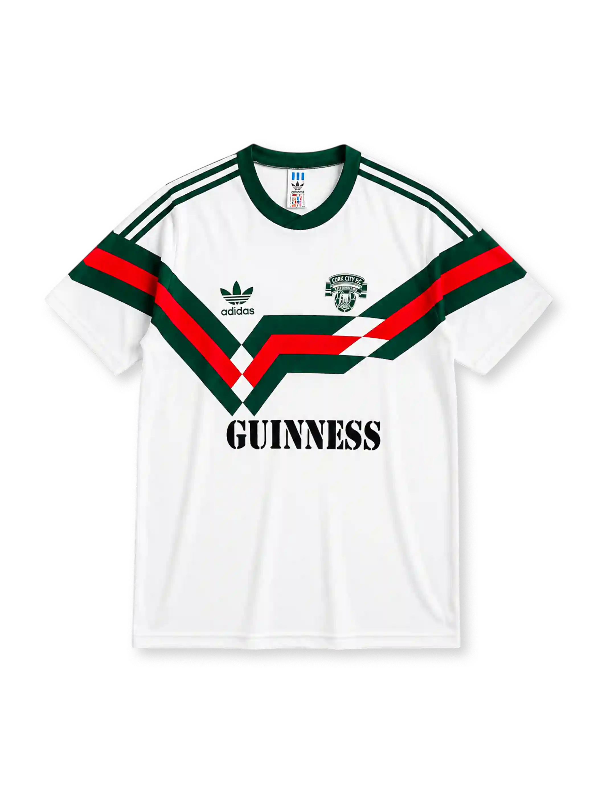 Cork City FC 1988/89 home jersey in white with green and red chevron design and Guinness branding
