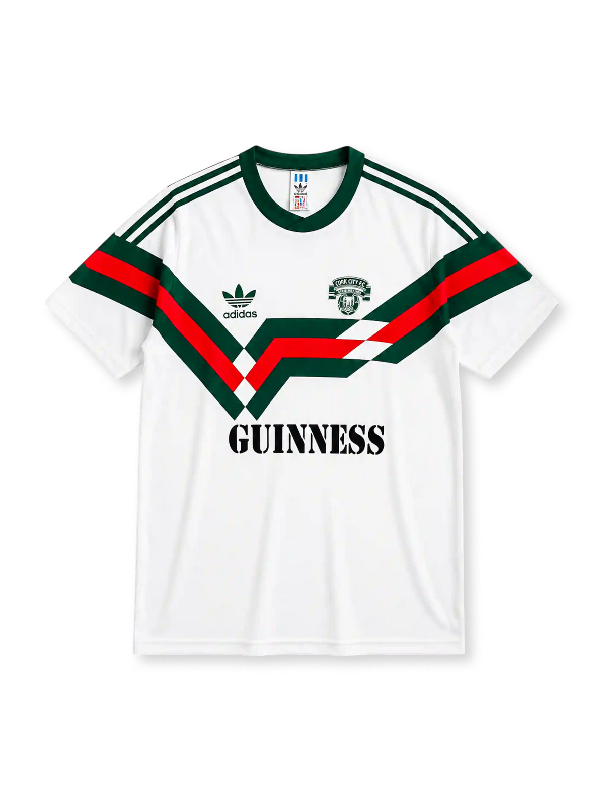 Cork City FC 1988/89 home jersey in white with green and red chevron design and Guinness branding