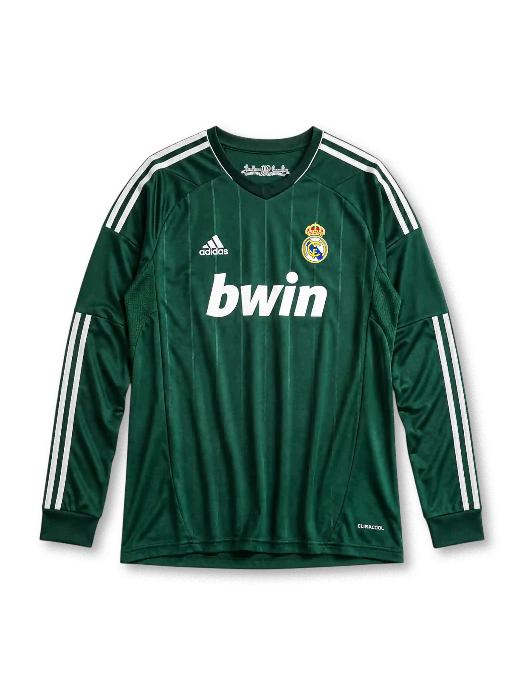 Real Madrid 2012/13 third long sleeve jersey in dark green with white adidas stripes and 110th anniversary detail