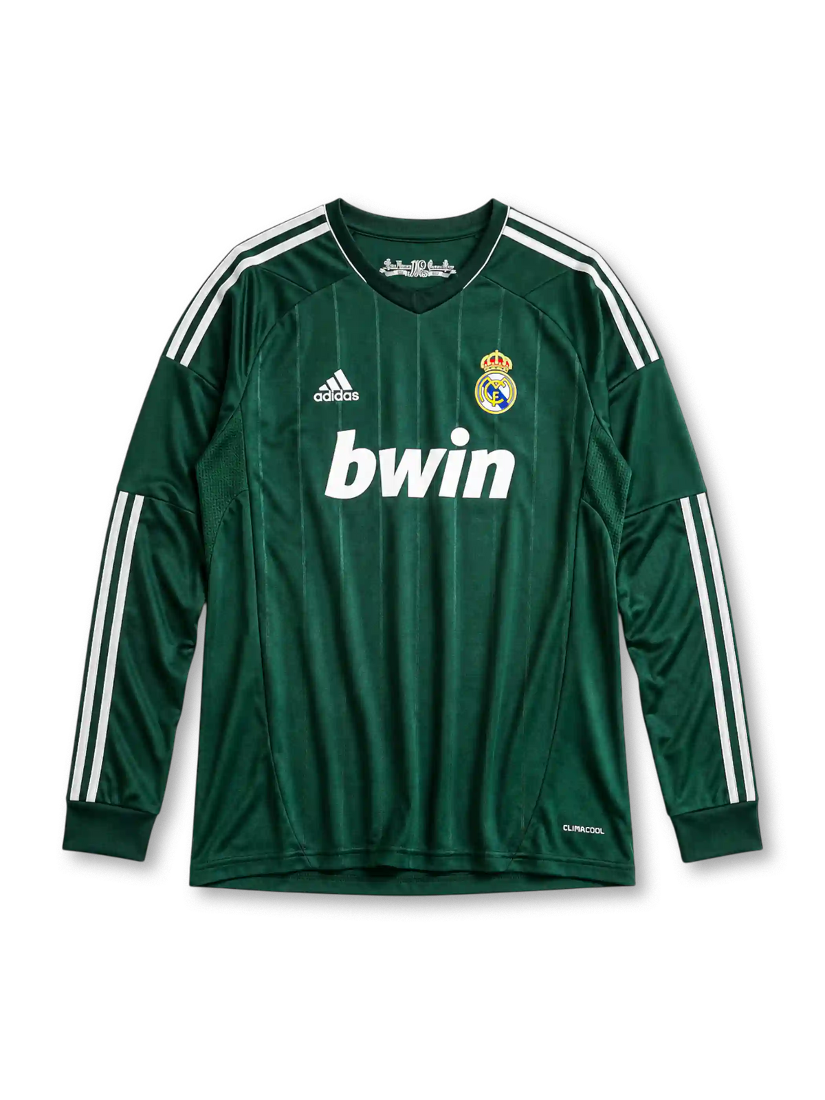 Real Madrid 2012/13 third long sleeve jersey in dark green with white adidas stripes and 110th anniversary detail